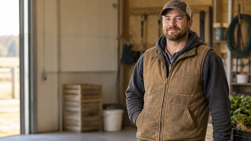 Mid-length portrait of a farm hand, agriculture, warm interior light, plain working backdrop with copy space