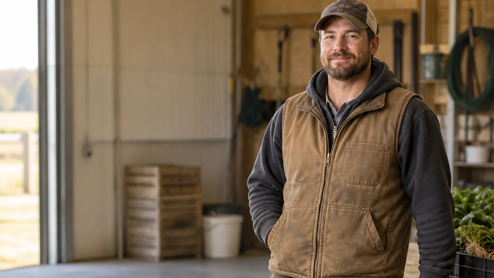 Mid-length portrait of a farm hand, agriculture, warm interior light, plain working backdrop with copy space