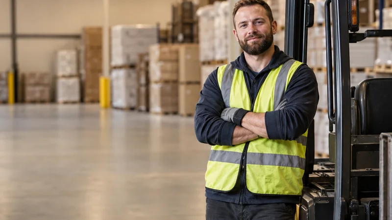 Mid-length portrait of a forklift driver, logistics, warm interior light, plain working backdrop with copy space