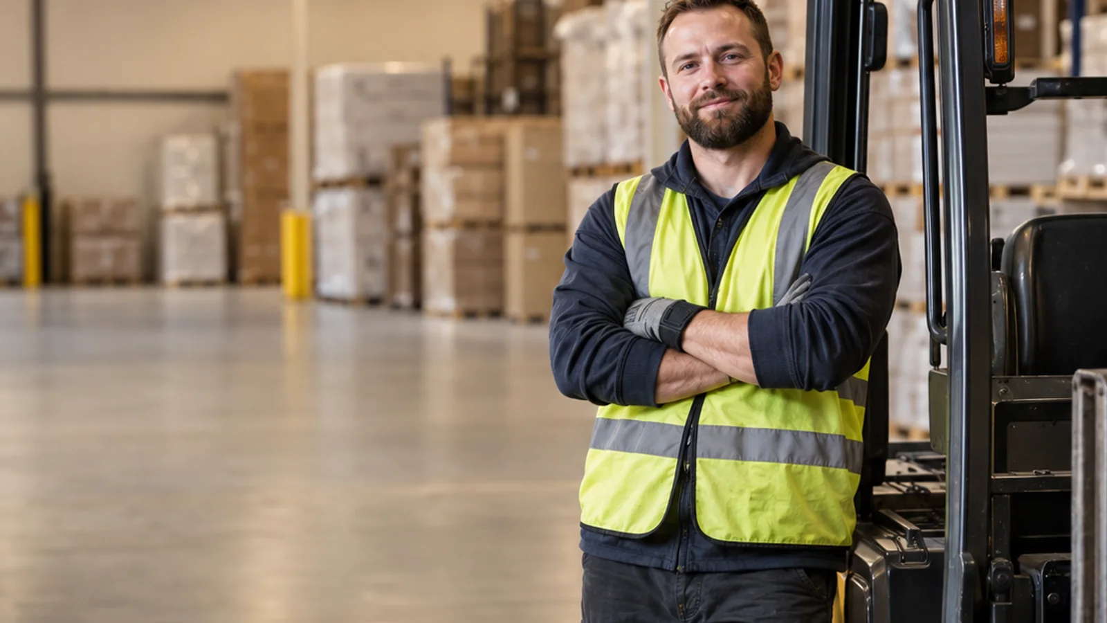 Mid-length portrait of a forklift driver, logistics, warm interior light, plain working backdrop with copy space