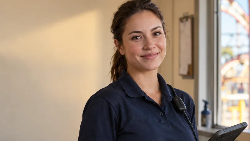 Mid-length portrait of a park attendant, amusement park, warm interior light, plain working backdrop with copy space