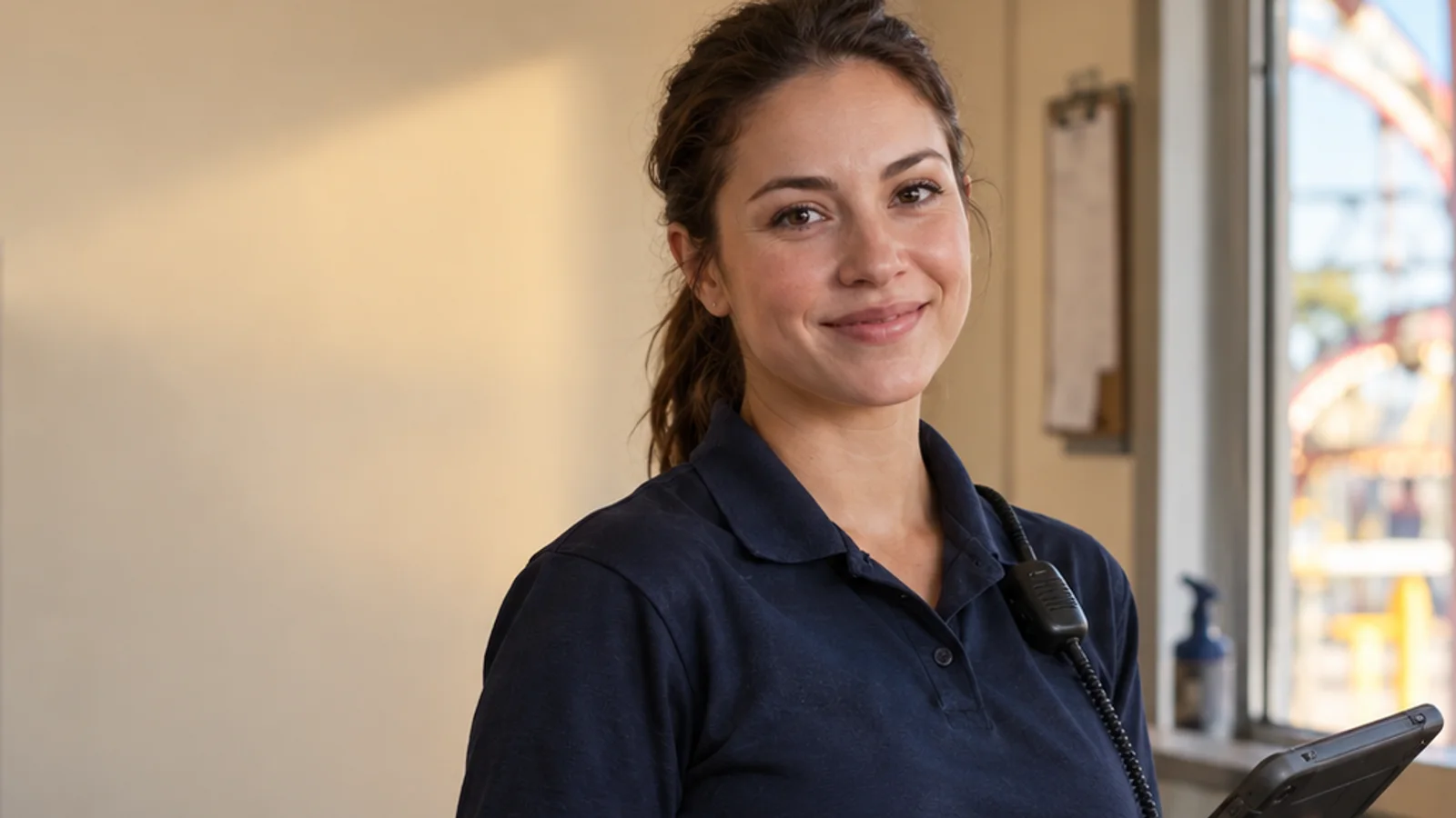 Mid-length portrait of a park attendant, amusement park, warm interior light, plain working backdrop with copy space