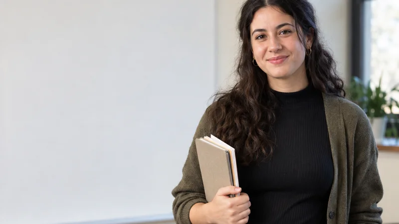 Mid-length portrait of a graduate teaching assistant, education, warm interior light, plain working backdrop with copy space