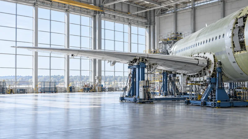 Wide interior view of a final-assembly hall with a wing being joined to a fuselage on jigs with no people, bright daylight through the windows, clean uncluttered foreground for text