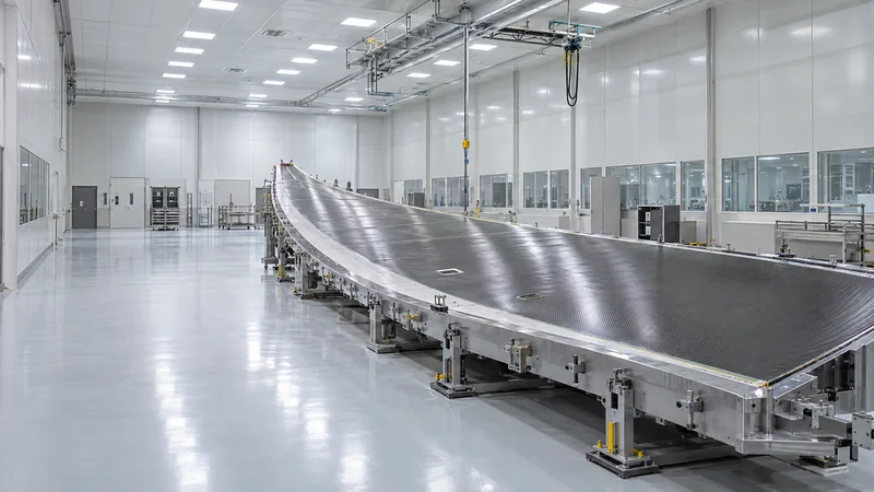 Wide interior view of a composite layup cleanroom with a wing-skin mould under bright lights with no people, soft even indoor light, clean uncluttered foreground for text