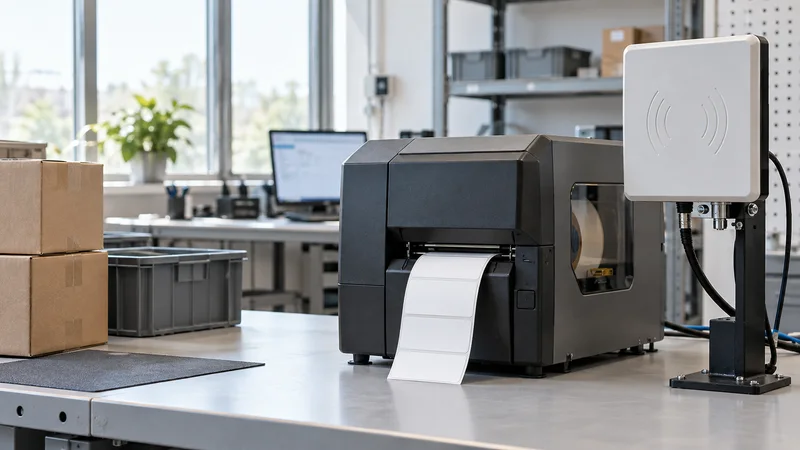 Close, clean detail of the industrial label printer and rfid reader on a supply-chain-software test bench, bright daylight through the windows, no people in frame