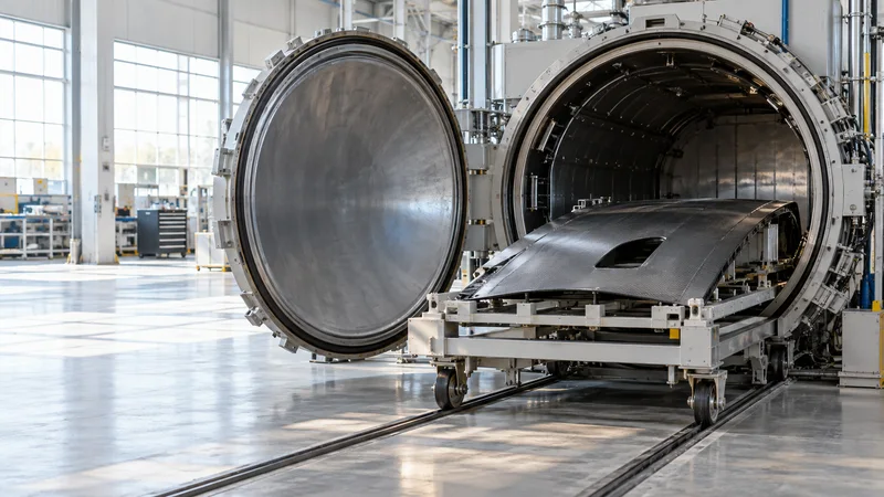 Close, clean detail of the autoclave door open with a cured composite panel on its trolley, bright daylight through the windows, no people in frame