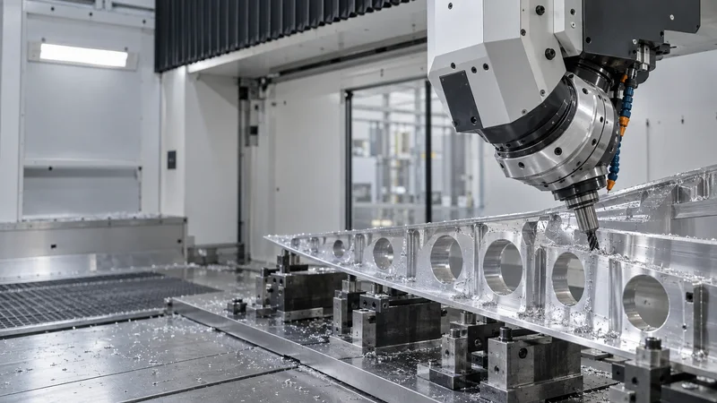 Close, clean detail of the five-axis gantry mill cutting an aluminium wing rib, soft even indoor light, no people in frame